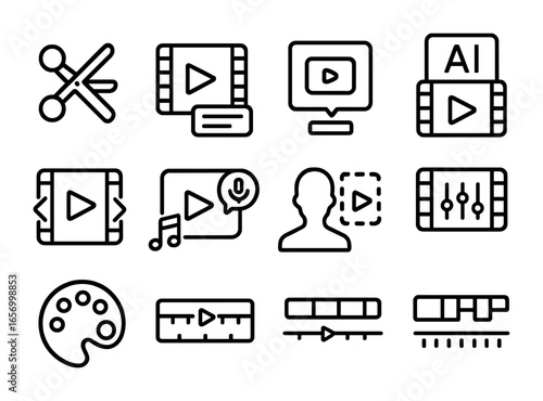 AI Video Editing Icons. Outline icon set of video editing with AI: cut tool, auto-caption icon, AI filter,