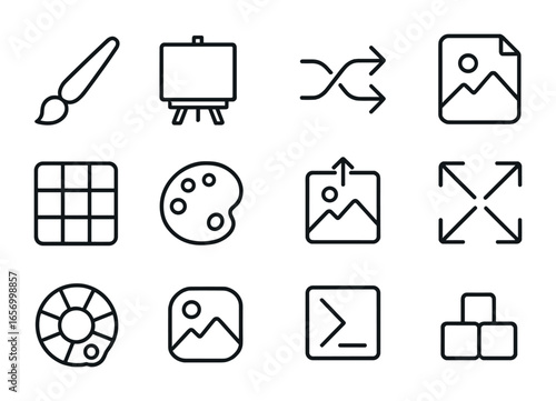 Art Platform Icons. Outline icon set of art generation platforms: digital brush, canvas icon, randomize button
