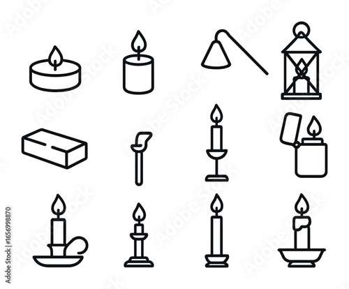 Candle Icon Collection. Outline icon set of candle types and accessories: tealight, votive candle, lantern