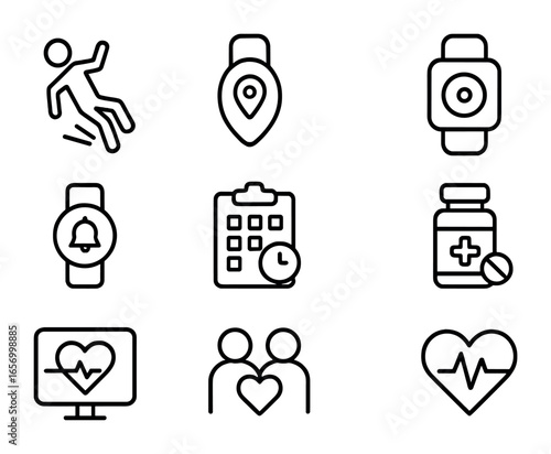 Elderly Health Wearables Icons. Outline icon set of elderly health wearables: fall detector, GPS tag,
