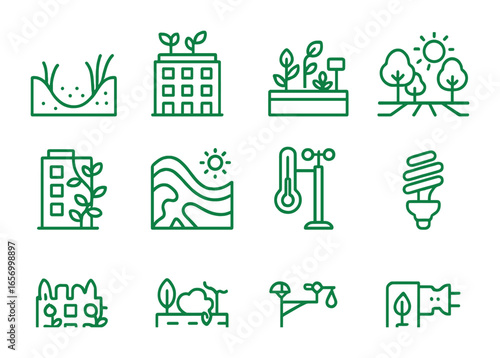 Green Infrastructure Icons. Outline icon set of green infrastructure in cities: bioswale, rooftop plants,