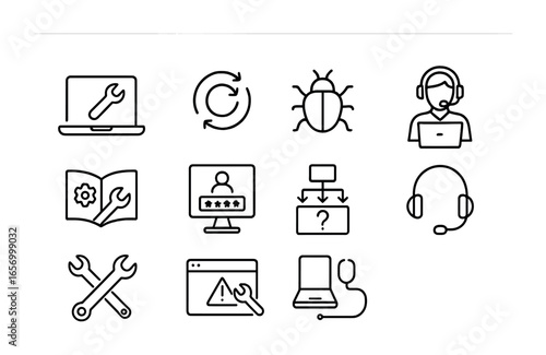 Hybrid IT Support Icons. Outline icon set of IT support in hybrid work: laptop with wrench, software update
