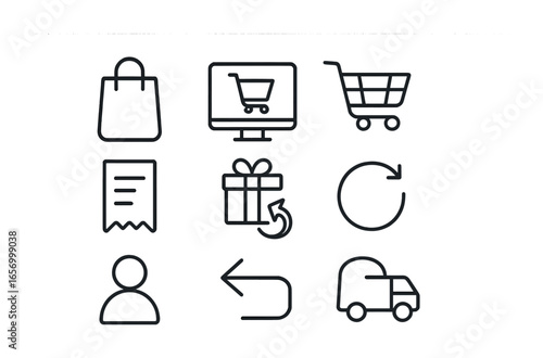 Online Shopping Icons. Outline icon set of online shopping: shopping bag, checkout screen, cart icon, delivery