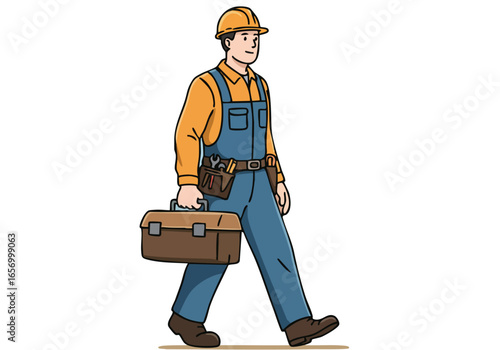 A construction worker confidently walks with tools, showcasing labor, tools, and pride. Clean, modern illustration style.