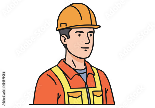 A construction worker in a hard hat and safety vest stands confidently.  Bright orange and yellow colors create a strong visual.  Ideal for business and construction themes.