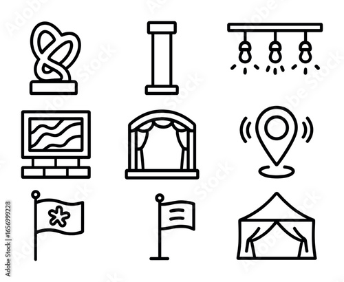 Cultural Installations Icons. Outline icon set of cultural installations: abstract sculpture, art pedestal,