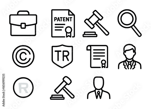 Legal Icon Set. Outline icon set of legal professionals working on intellectual property and patent issues: