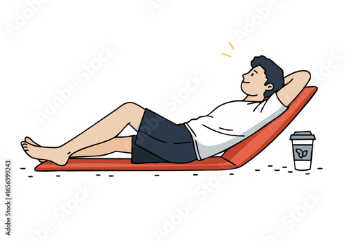 A relaxed young man enjoys a sunny moment, resting on a lounger with a coffee. The quote ?Rest earned joy? adds a peaceful vibe. Simple, modern illustration.