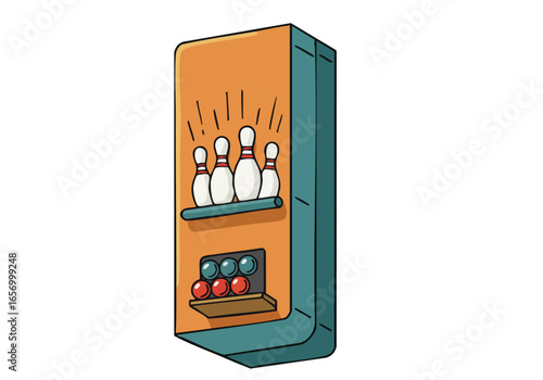 Retro illustration of a bowling alley welcome mat with pins and score. Bold, graphic design. Perfect for entertainment, leisure, or game-themed projects. Clean, modern style.