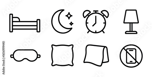Sleep Hygiene Icons. Outline icon set of sleep hygiene: bed icon, moon with stars, alarm clock, night light,