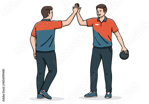 Two bowling team members celebrate a win with a high-five. They wear bowling shirts and pose with a bowling ball. A vibrant, friendly image for team spirit and sports themes.