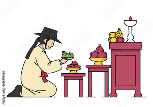A traditional Korean man performs Chuseok rites, offering fruit and food.  A serene scene of Korean culture and heritage.  Clean, minimalist illustration style.