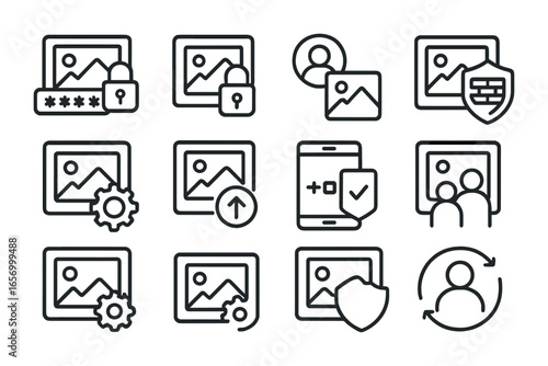 Digital Security Icons. Outline icon set of digital photo security: password lock, encryption icon, user