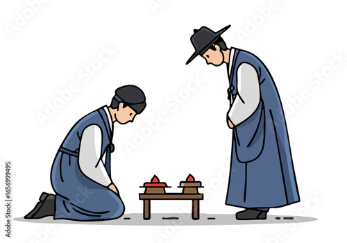 Two figures participate in an ancestral honor ritual kneeling before small shrine The scene showcases traditional Korean attire and a solemn respectful atmosphere Clean lines and minimalist style