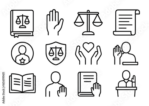 Legal Icons Grid. Outline icon set of lawyer’s oath and duties: oath book, hand raise, ethical scales, duty