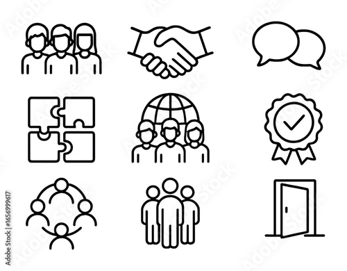 Diversity Icon Set. Outline icon set of workplace diversity and inclusion: diverse team, handshake, speech
