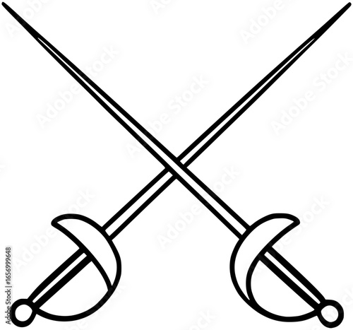Black and white icon of crossed fencing swords in simple line style. Ideal for martial arts, sports logos, competition icons, and vector illustrations