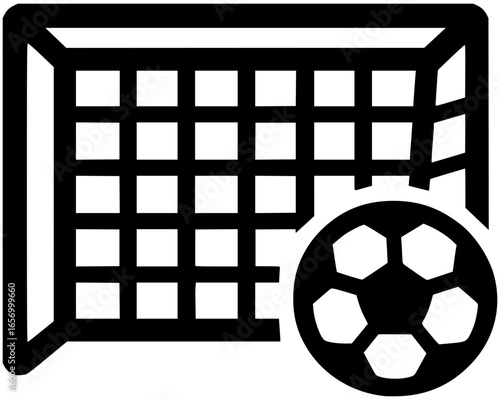 Black and white minimal icon of a soccer goal with ball. Ideal for football apps, sports branding, infographics, team logos, and athletic vector illustrations