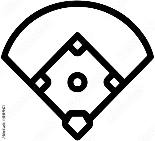 Black and white vector icon of a baseball diamond field layout, clean lines and minimal design, ideal for sports graphics, logos, and infographics