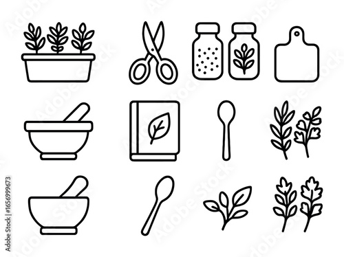 Herb Garden Icons. Outline icon set of kitchen herb garden: window sill planter, herb scissors, spice jars,