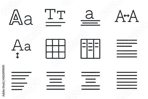 Typography Icon Set. Outline icon set of font pairing and layout: headline font, body text, caption style,