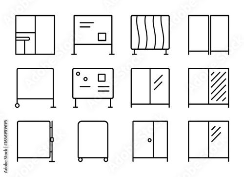 Office Partition Icons. Outline icon set of office partitions: cubicle wall, whiteboard panel, sound barrier,