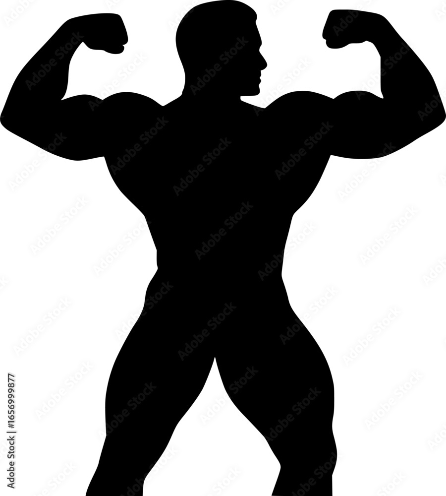 Fototapeta premium Bodybuilder Flexing Muscles Icon Flat Black Stroke Silhouette Fitness Gym Workout Branding Illustration