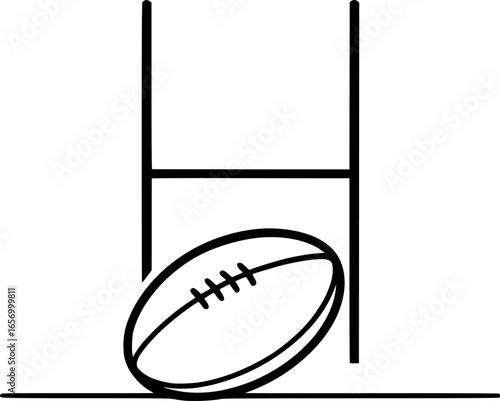 Minimalist icon of a rugby ball with goalposts in monochrome style. Ideal for sports branding, team logos, mobile apps, infographics, and athletic-themed designs