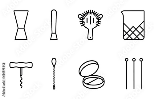 Bar Tools Icons. Outline icon set of bar tools and accessories: jigger, muddler, strainer, mixing glass,