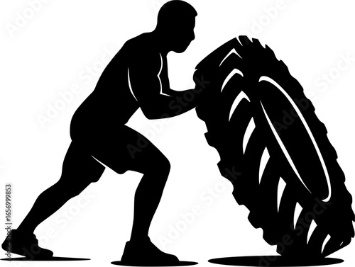 Monochrome silhouette of a CrossFit tire flip. Vector illustration for fitness, strength training, gym workouts, sports design, logos, and modern graphic projects