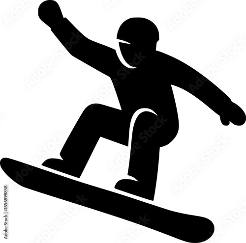 Flat monochrome silhouette of a snowboarder jumping, minimal black and white vector icon, ideal for winter sports graphics, logos, and illustrations