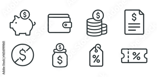Budgeting Icons Set. Outline icon set of saving and budgeting: piggy bank, wallet, coin stack, budget list,