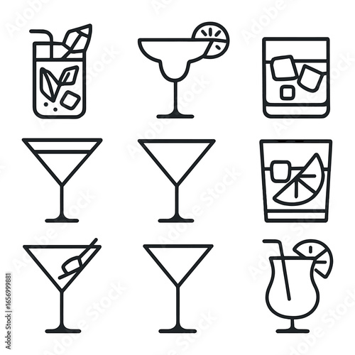 Cocktail Icons Grid. Outline icon set of popular cocktails: mojito, margarita, old fashioned, cosmopolitan,