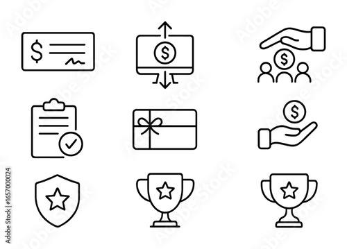 Corporate Giving Icons. Outline icon set of corporate giving methods: cheque, wire transfer, crowdfunding,