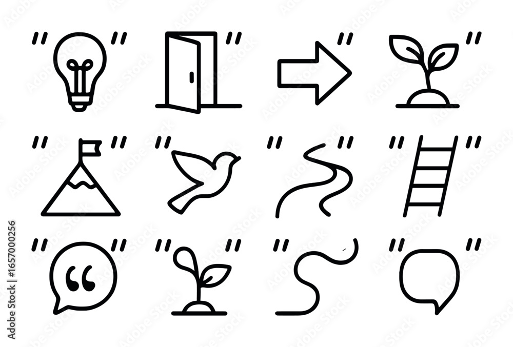 Obraz premium Visual Metaphor Icons Grid. Outline vector icons of quotes with visual metaphors: lightbulb idea, open door,