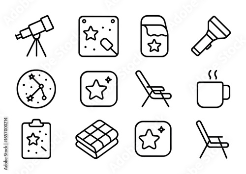 Stargazing Gear Icons. Outline vector icons of stargazing gear for campers: telescope, star chart, glow