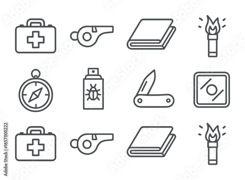 Camping Safety Icons. Outline vector icons of camping safety items: first aid kit, whistle, survival blanket,