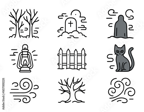 Eerie Icon Collection. Outline vector icons of eerie fog and mystery: haunted forest, foggy graveyard, shadow