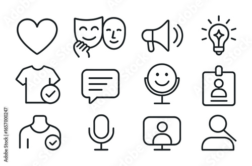 Icons of Self-Expression. Outline vector icons of self-expression and authenticity: open heart, mask removed,