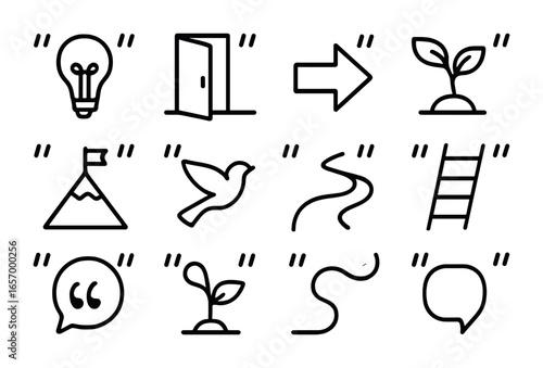 Visual Metaphor Icons Grid. Outline vector icons of quotes with visual metaphors: lightbulb idea, open door,