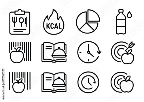 Nutrition Tracking Icons. Outline vector icons of nutrition and diet tracking: meal log, calorie icon, macro