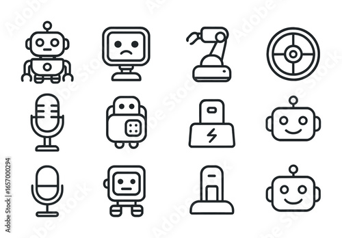 Robot Companion Icons. Outline vector icons of robot companions: helper bot, emotion display, assist arm,