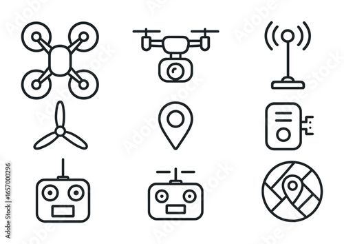 Drone Icon Set. Outline vector icons of drones and aerial robots: quadcopter, surveillance cam, navigation