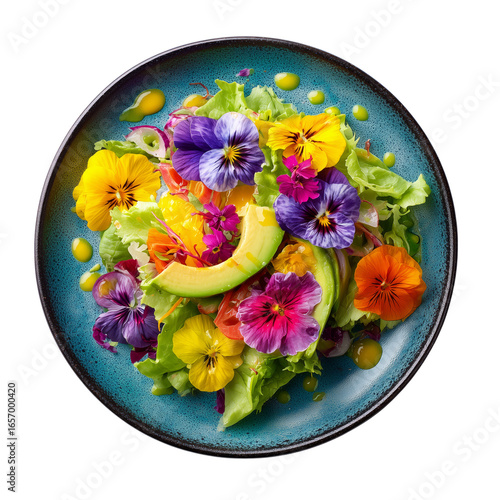 Fresh avocado salad with vibrant edible pansy flowers and leafy greens on blue ceramic plate
