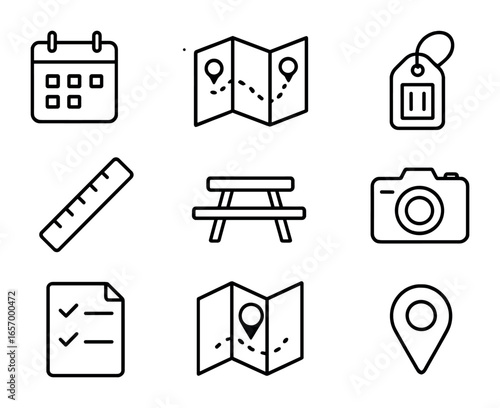 Trip Planning Icons. Outline vector icons of planning a trip on a map: calendar icon, marked stops, luggage