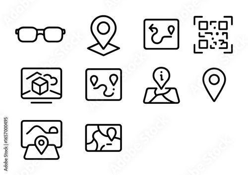AR Mapping Icons. Outline vector icons of augmented reality mapping: AR glasses, 3D pin, virtual route,