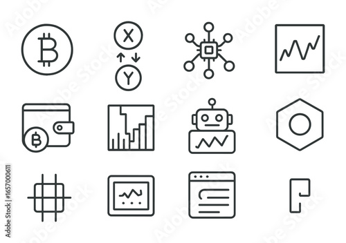 Crypto Trading Bot Icons. Outline vector icons of crypto trading bots: Bitcoin icon, trading pairs, exchange