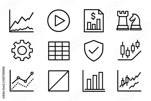 Backtesting Icons Grid. Outline vector icons of backtesting and simulation: historical data graph, test play