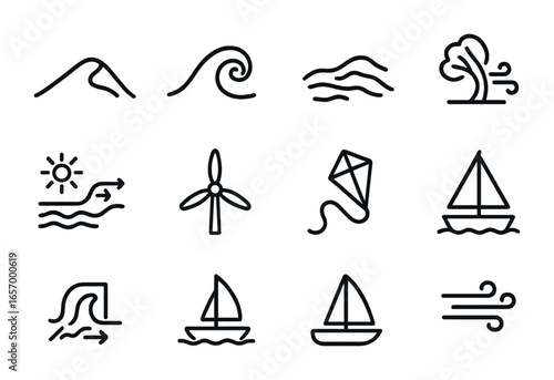 Wind Impact Icons. Outline vector icons of effects of wind on Earth: dune shape, wave crest, snow drift, tree