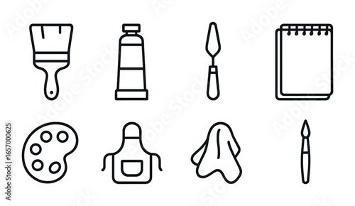 Art Tools Icons Grid. Outline vector icons of art performance tools: wide brush, acrylic tube, palette knife,